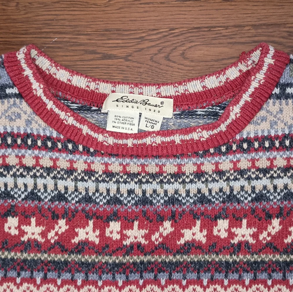 Womens Eddie Bauer Red Blue Beige Fair Isle Sweater Size Large Made in USA